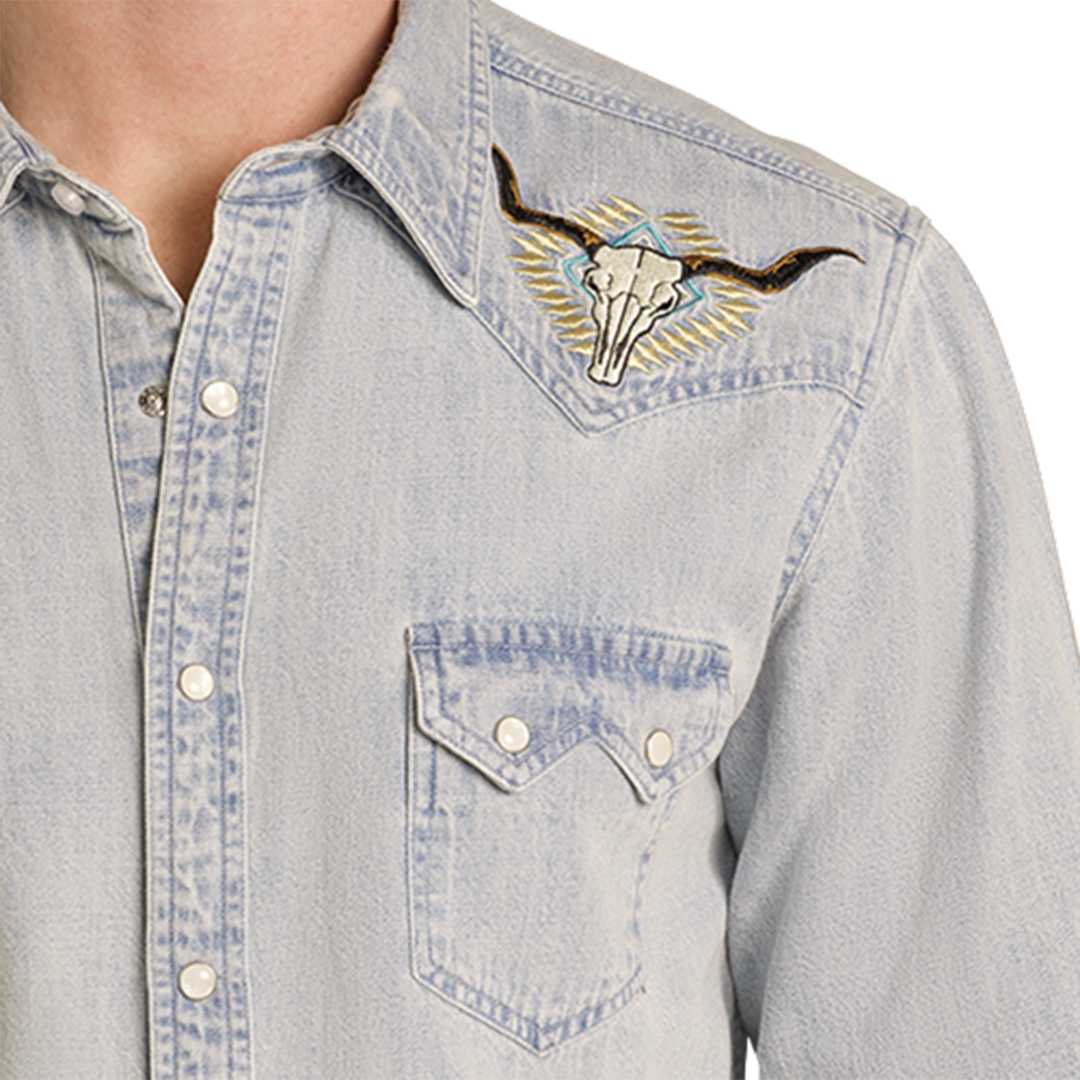 Rock & Roll Denim Men's Longhorn Embroidery Long Sleeve Snap Shirt