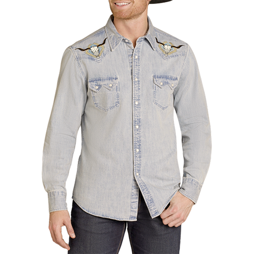 Rock & Roll Denim Men's Longhorn Embroidery Long Sleeve Snap Shirt
