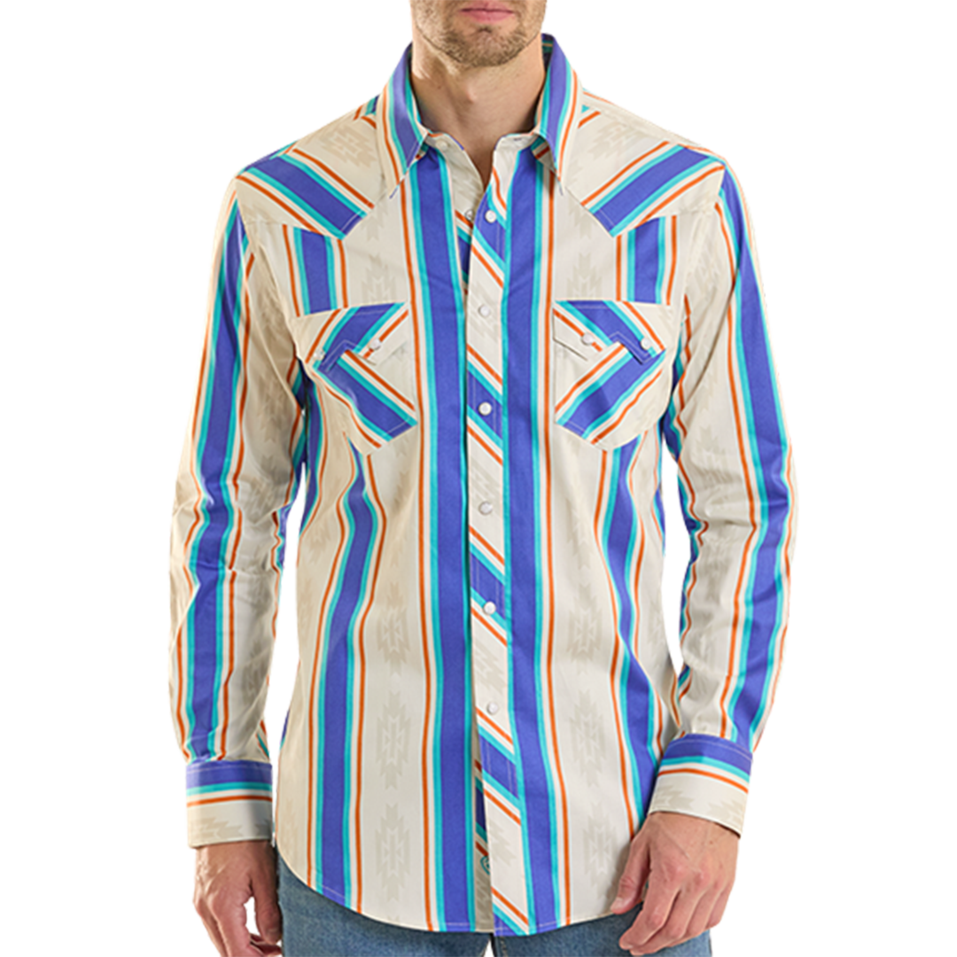 Rock & Roll Denim Men's Aztec And Striped Print Long Sleeve Snap Shirt