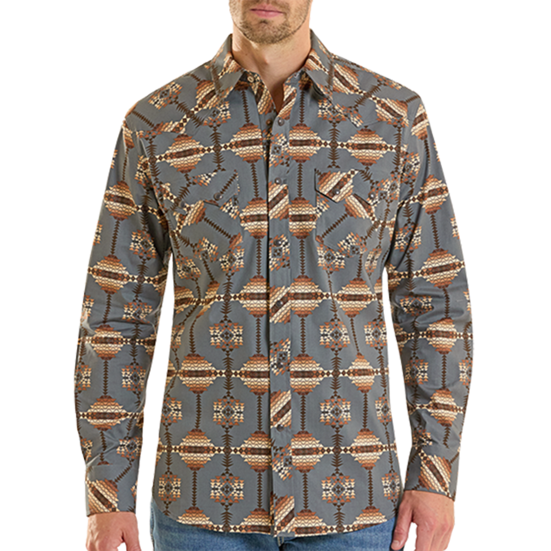 Rock & Roll Denim Men's Aztec Print Long Sleeve Snap Shirt