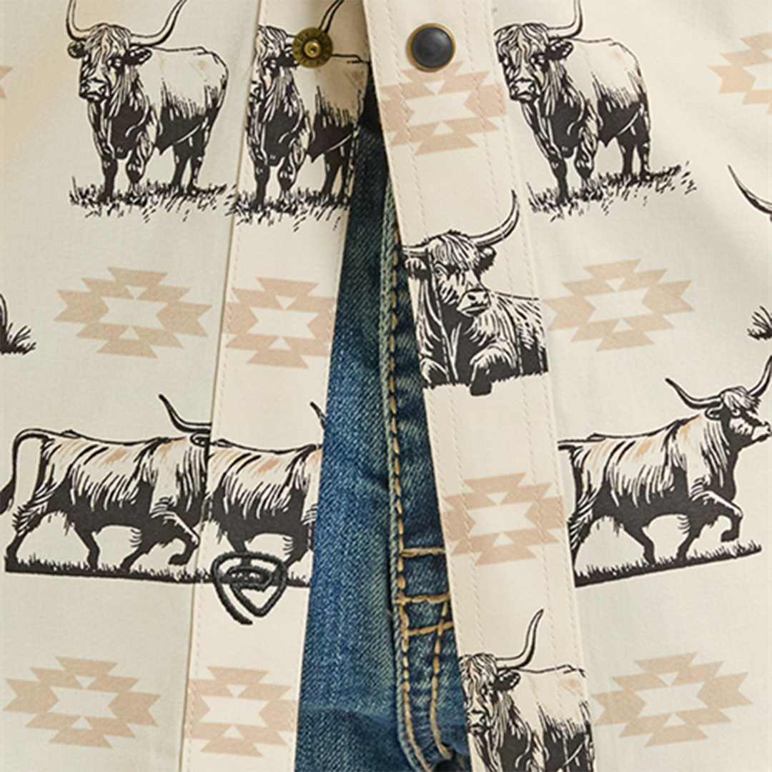 Rock & Roll Denim Men's Bull And Aztec Print Long Sleeve Snap Shirt