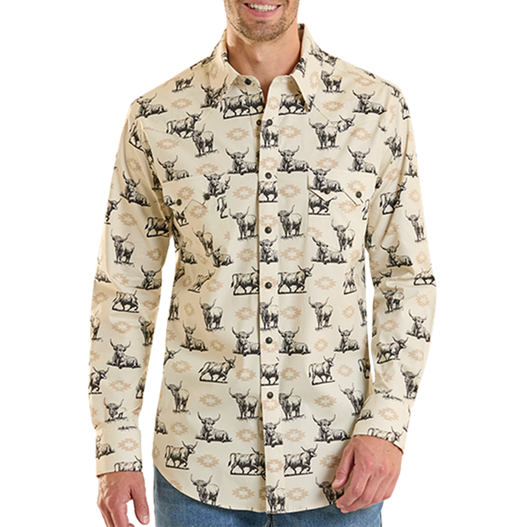 Rock & Roll Denim Men's Bull And Aztec Print Long Sleeve Snap Shirt