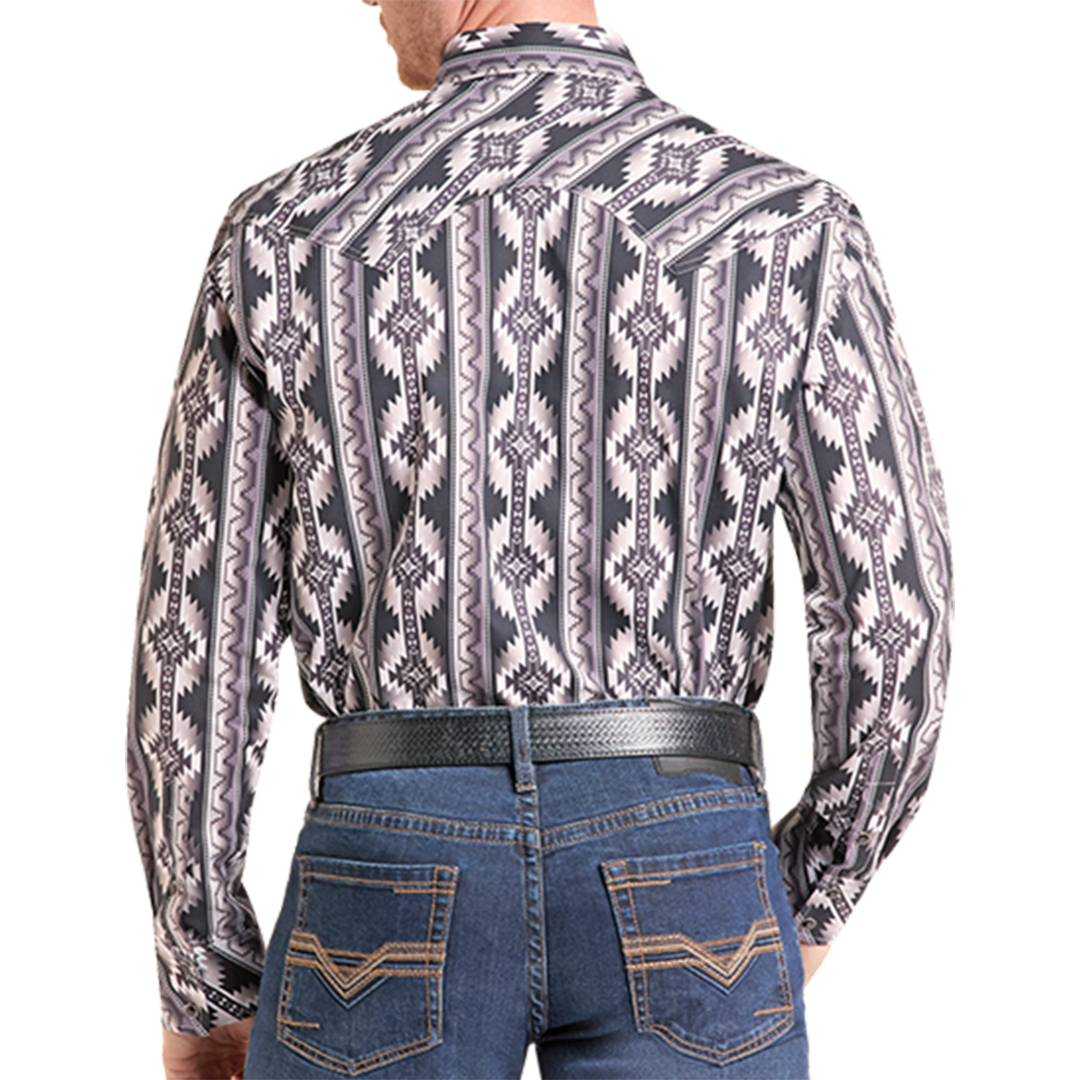 Rock & Roll Denim Men's Aztec And Striped Print Long Sleeve Snap Shirt