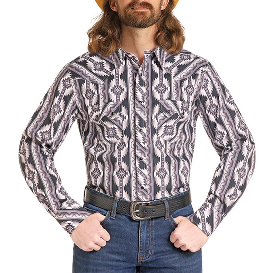 Rock & Roll Denim Men's Aztec And Striped Print Long Sleeve Snap Shirt