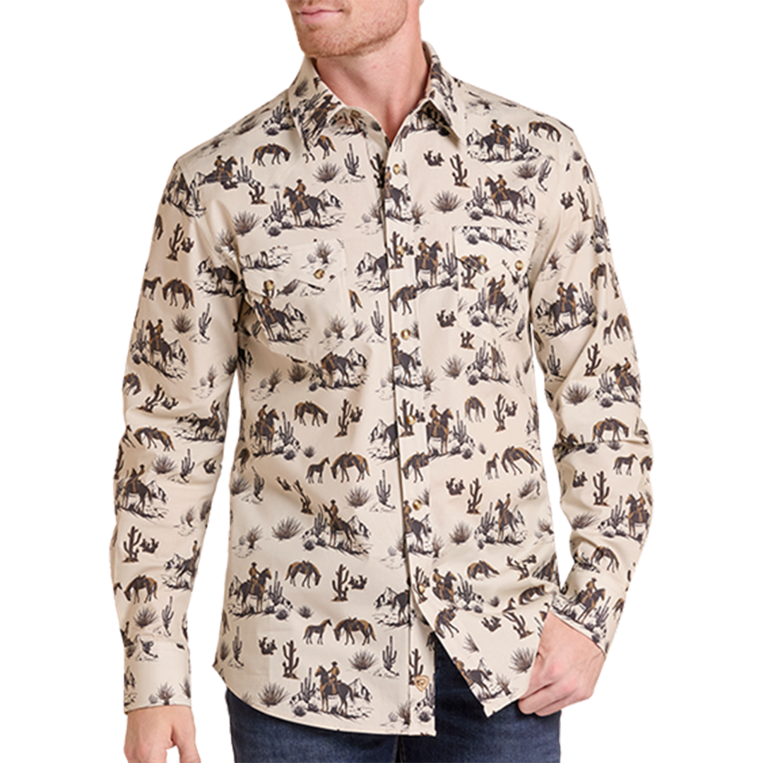 Rock & Roll Denim Men's Novelty Landscape Print Long Sleeve Snap Shirt