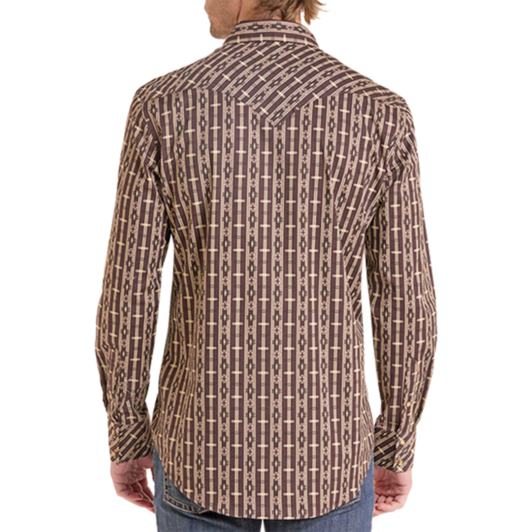 Rock & Roll Denim Men's Aztec And Striped Print Long Sleeve Snap Shirt