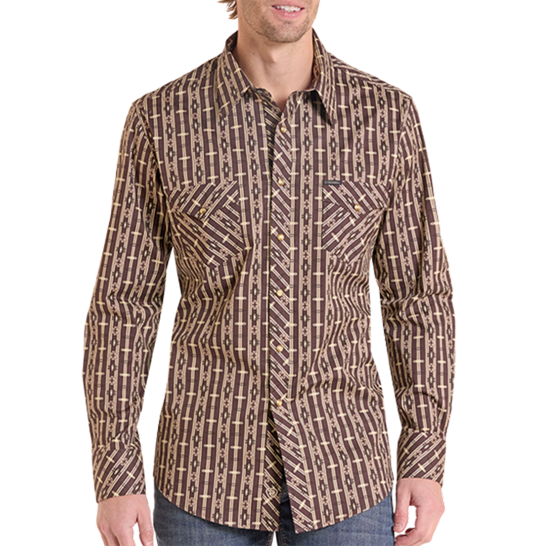 Rock & Roll Denim Men's Aztec And Striped Print Long Sleeve Snap Shirt