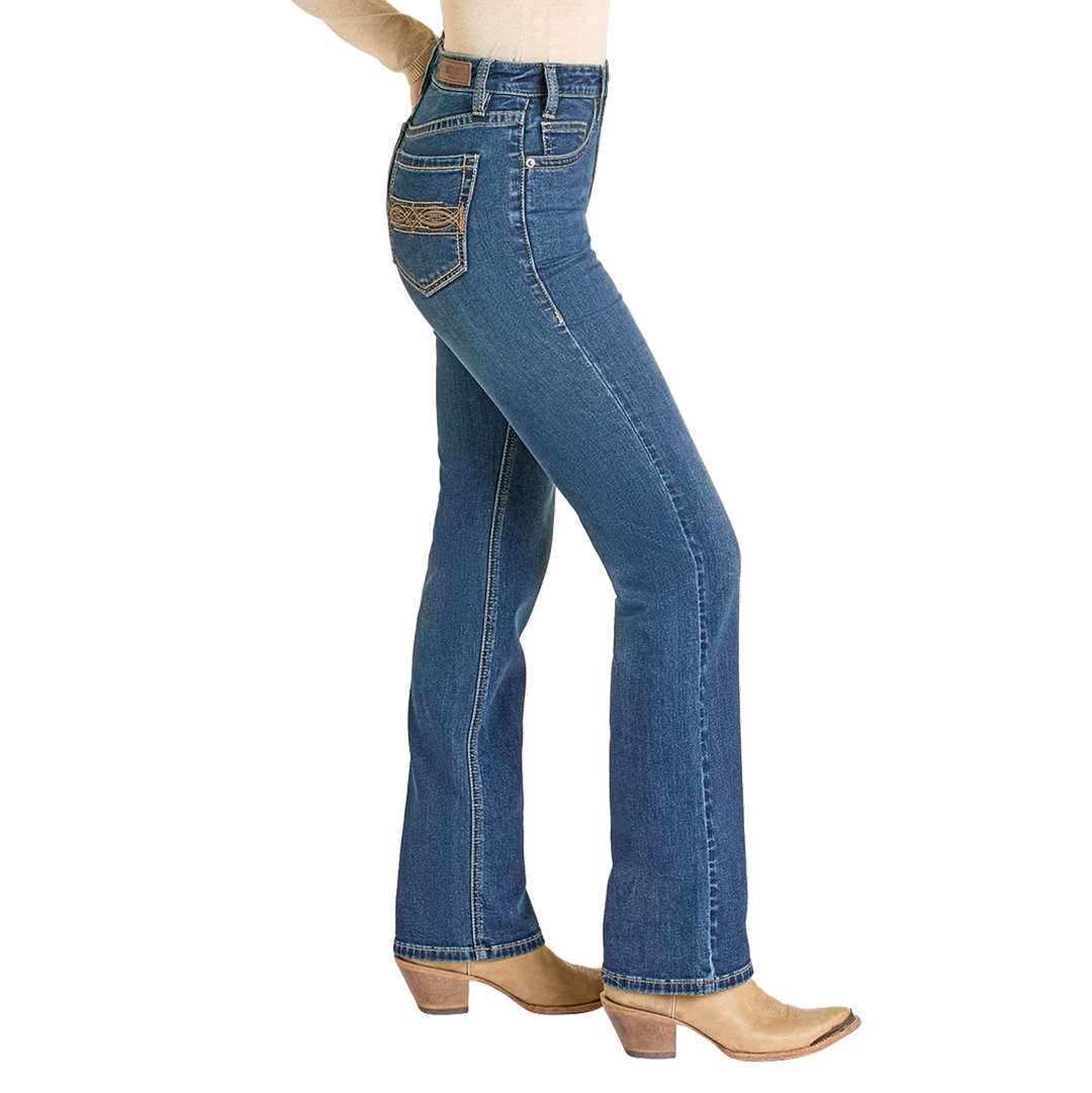 Rock & Roll Denim Women's High Rise Pleather Embroidered Pocket Bootcut Jeans