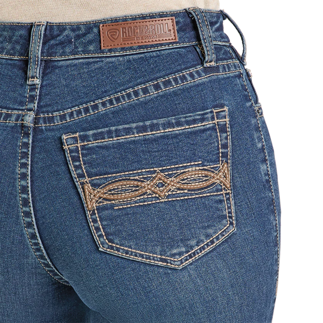 Rock & Roll Denim Women's High Rise Pleather Embroidered Pocket Bootcut Jeans