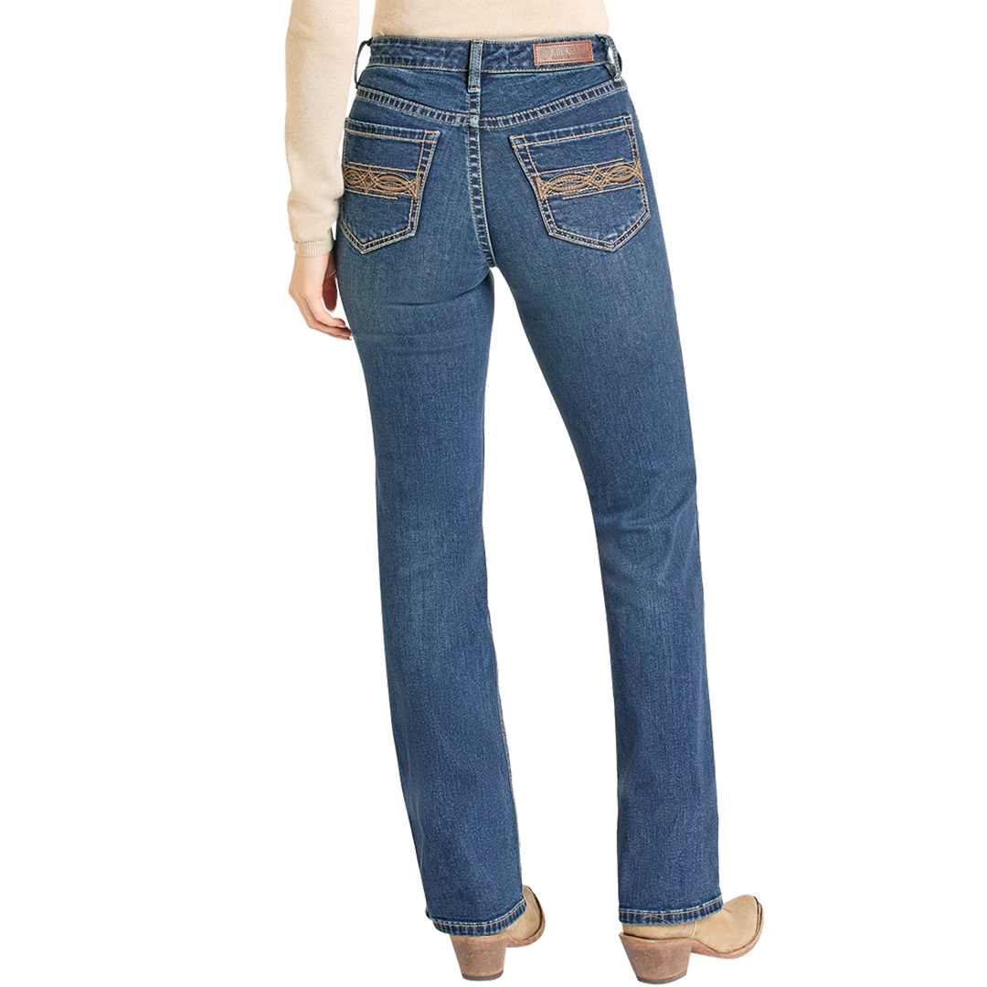 Rock & Roll Denim Women's High Rise Pleather Embroidered Pocket Bootcut Jeans