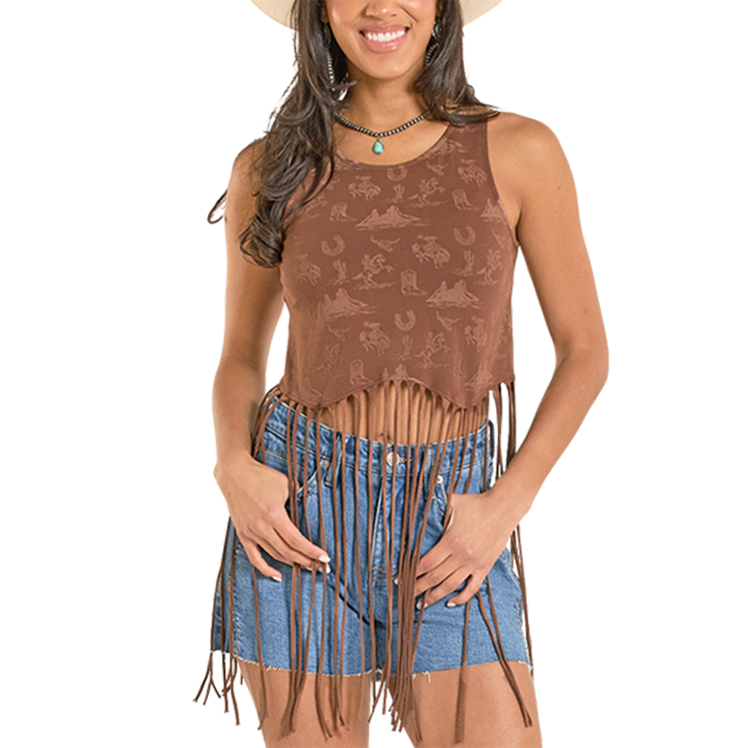 Rock & Roll Denim Women's Western Print Fringe Top