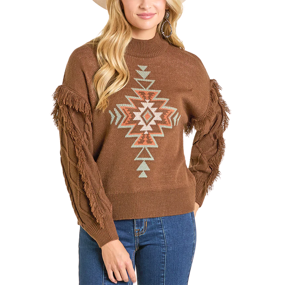 Rock & Roll Denim Women's Aztec Knit Fringe Sweater
