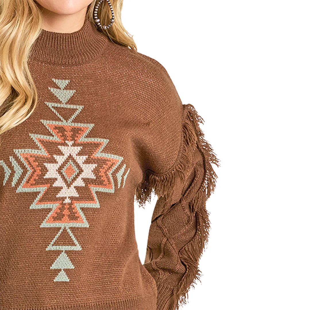 Rock & Roll Denim Women's Aztec Knit Fringe Sweater