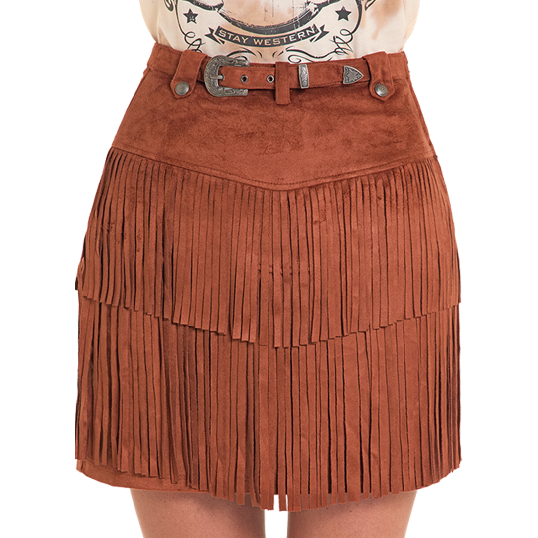 Rock & Roll Denim Microsuede Fringe Skirt