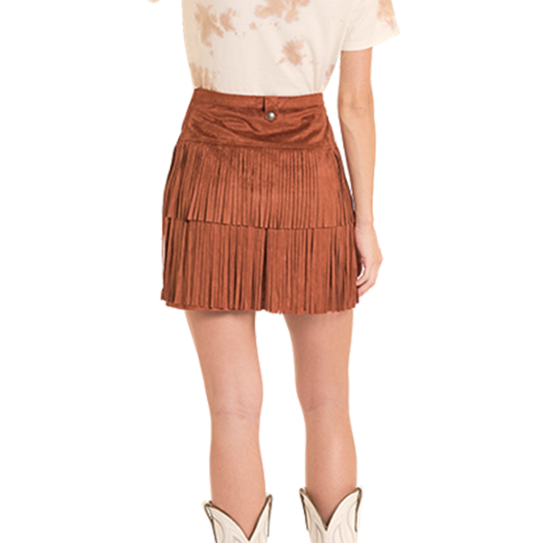 Rock & Roll Denim Microsuede Fringe Skirt