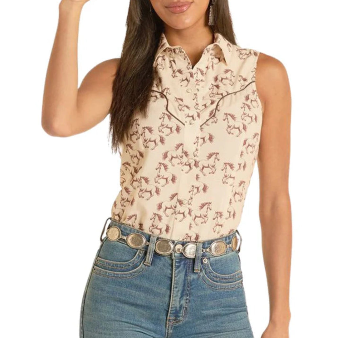 Rock & Roll Denim Women's Horse Print Sleeveless Snap Shirt