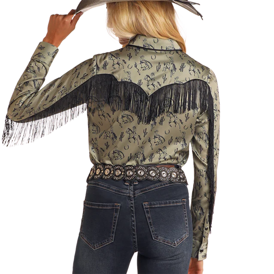 Rock & Roll Denim Women's Fringe Western Print Long Sleeve Shirt