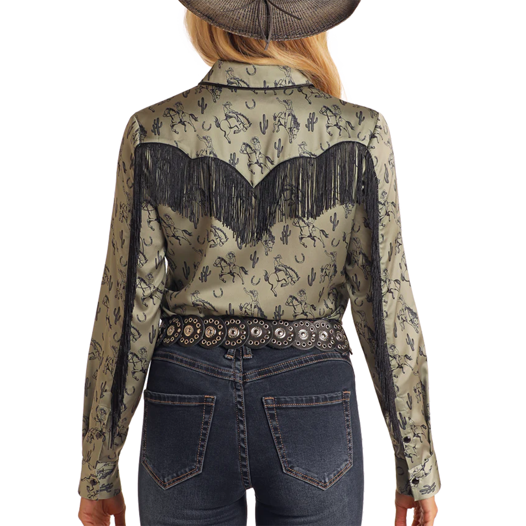 Rock & Roll Denim Women's Fringe Western Print Long Sleeve Shirt