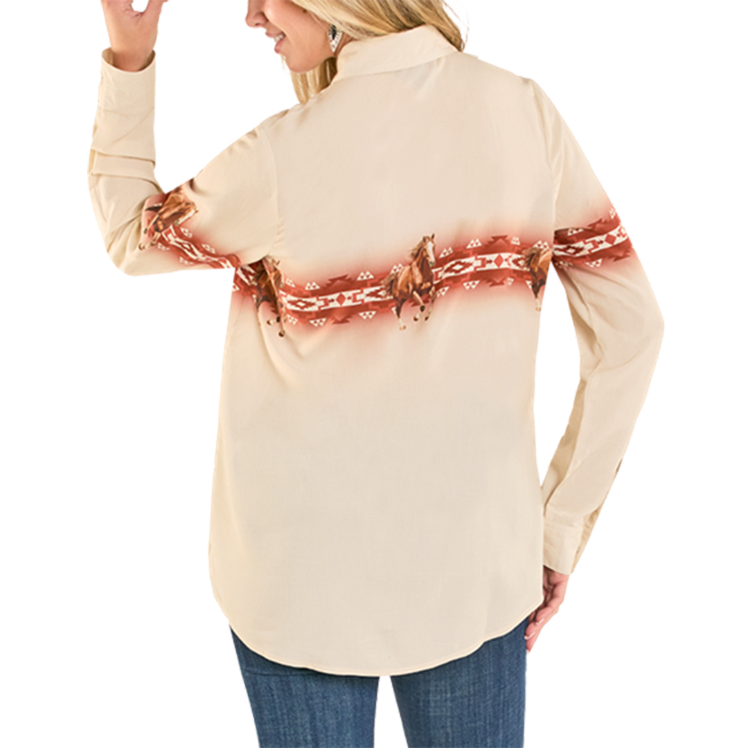 Rock & Roll Denim Women's Oversized Challis Border Long Sleeve Snap Shirt
