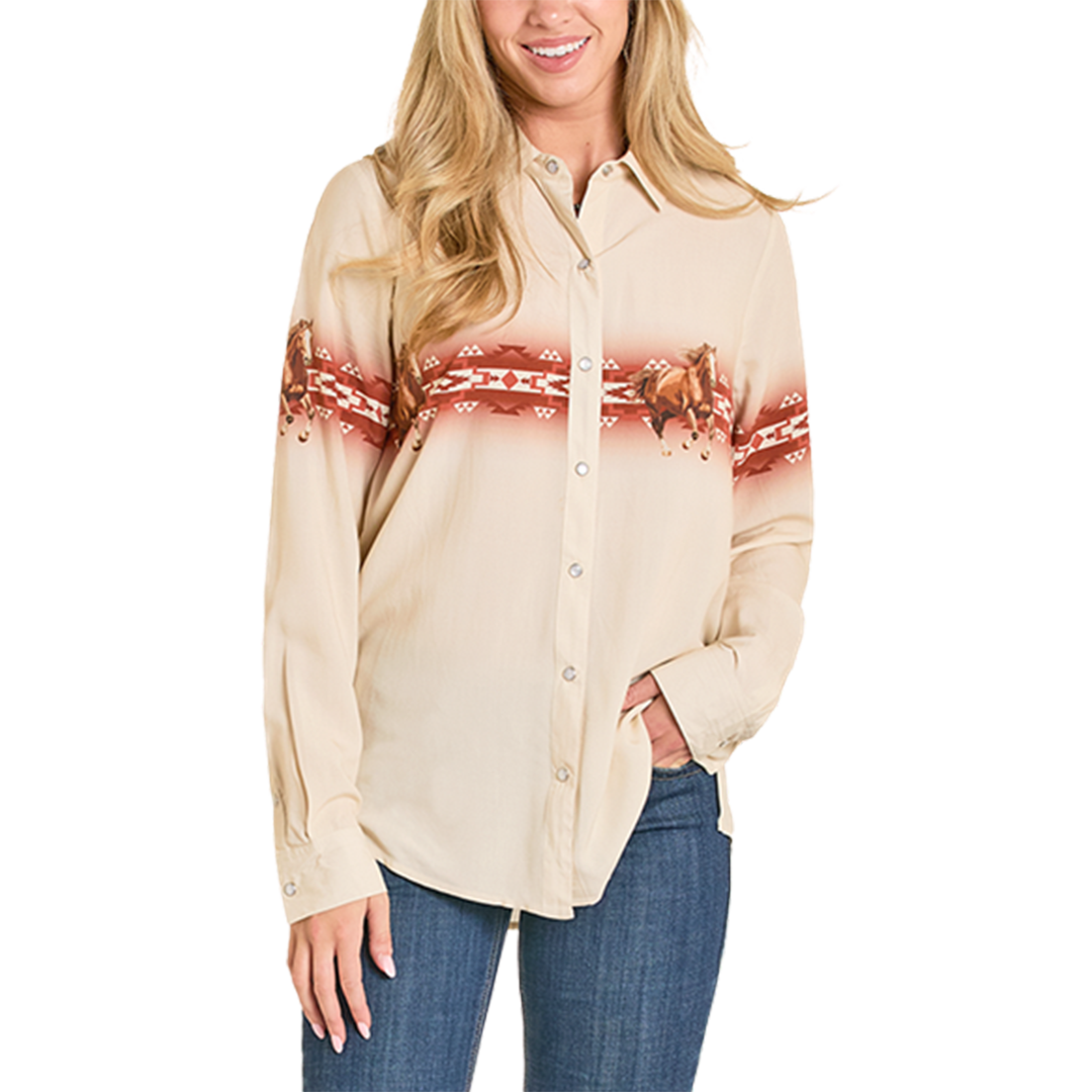 Rock & Roll Denim Women's Oversized Challis Border Long Sleeve Snap Shirt