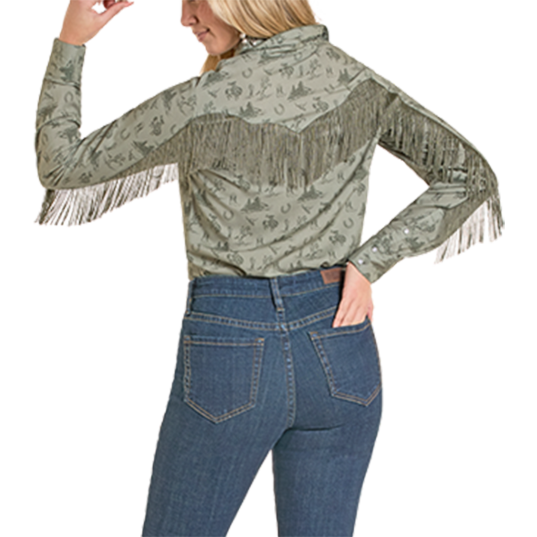 Rock & Roll Denim Women's Desert Print Fringe Long Sleeve Snap Shirt