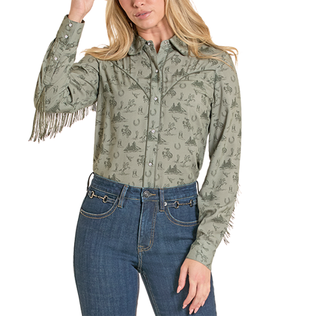 Rock & Roll Denim Women's Desert Print Fringe Long Sleeve Snap Shirt