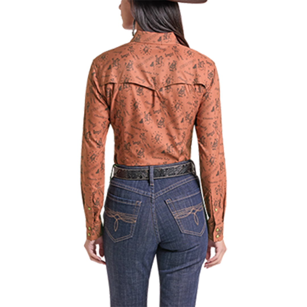 Chemise à boutons-pression à manches longues Rock & Roll Denim pour femme avec imprimé conversationnel