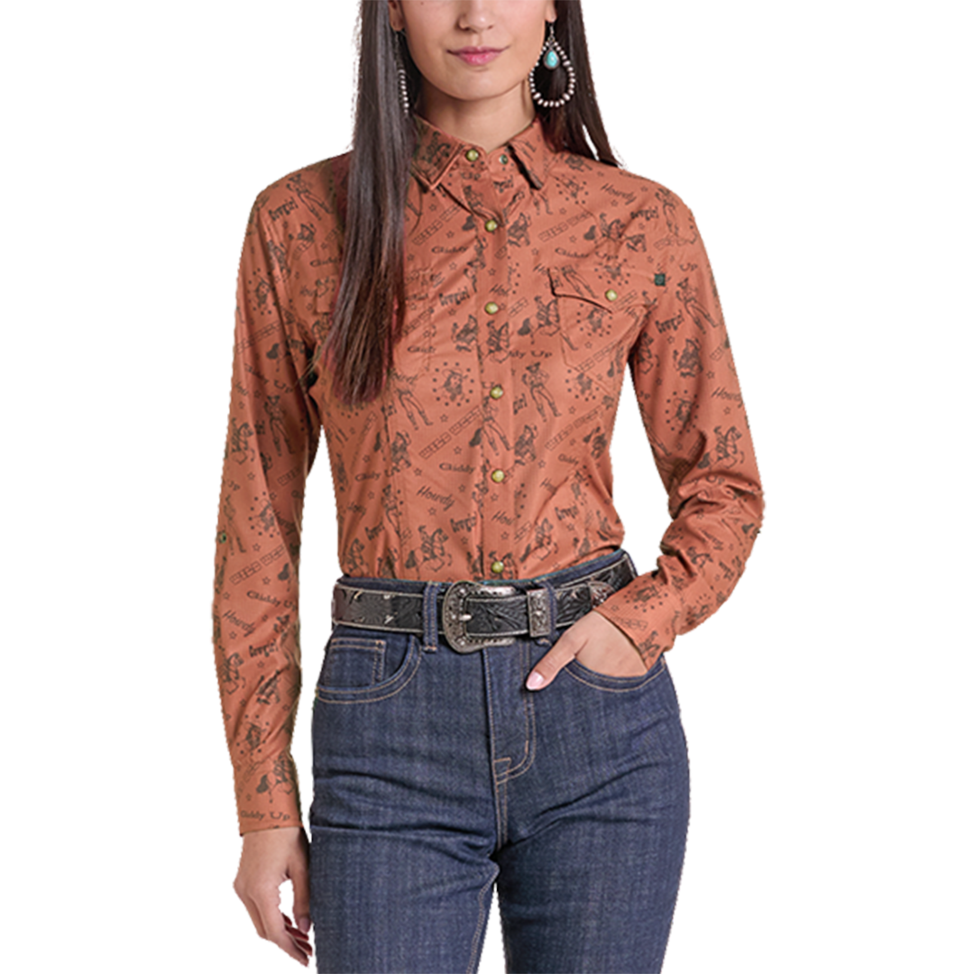 Chemise à boutons-pression à manches longues Rock & Roll Denim pour femme avec imprimé conversationnel
