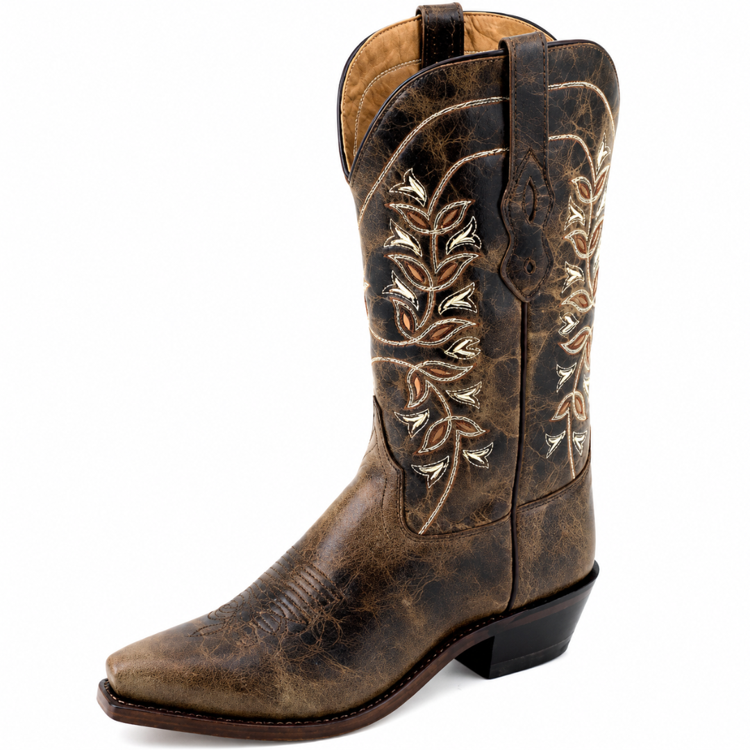 Old West Women's Leaf Stitch Leather Cowgirl Boots