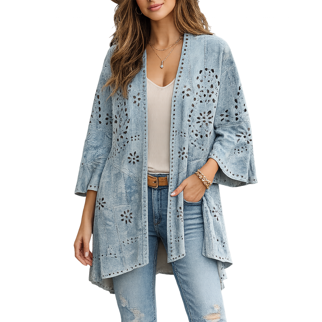Origami By Vivien Women's Denim Laser Cut Faux Suede Duster