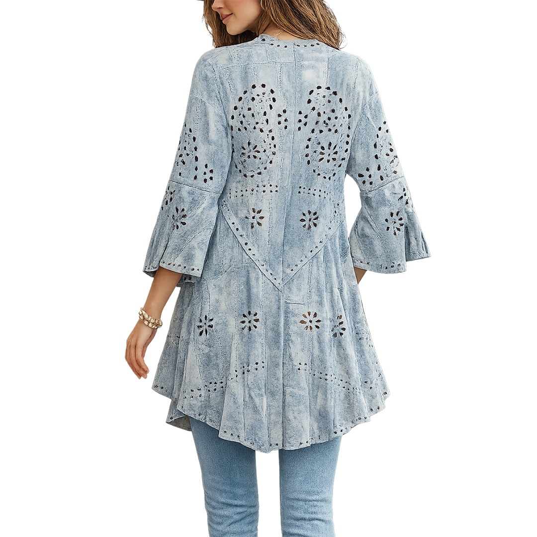 Origami By Vivien Women's Denim Laser Cut Faux Suede Duster