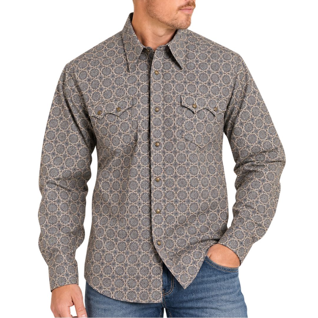 Rock & Roll Denim Men's Medallion Print Long Sleeve Snap Shirt