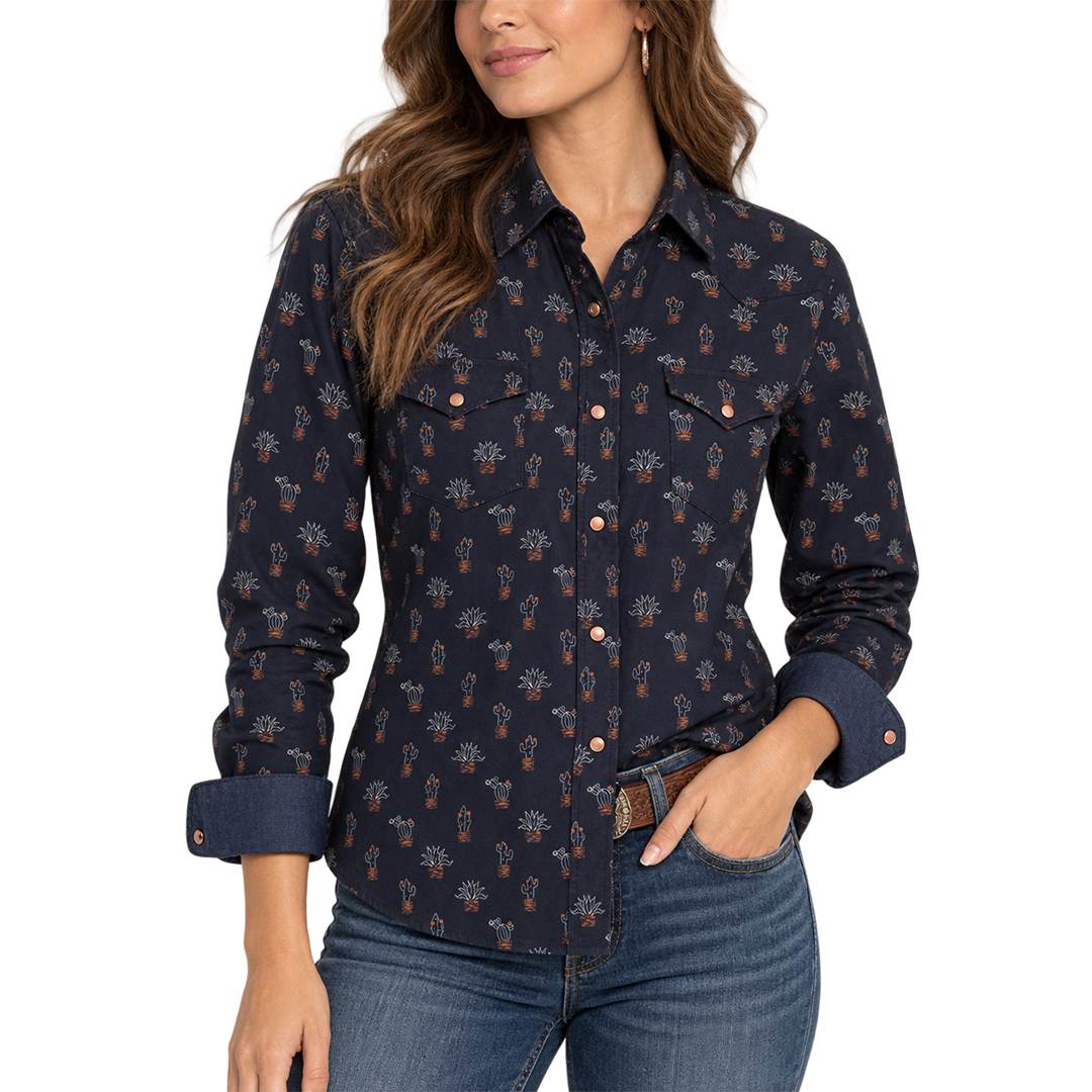 Tin Haul Women's Cactus Print Long Sleeve Snap Shirt