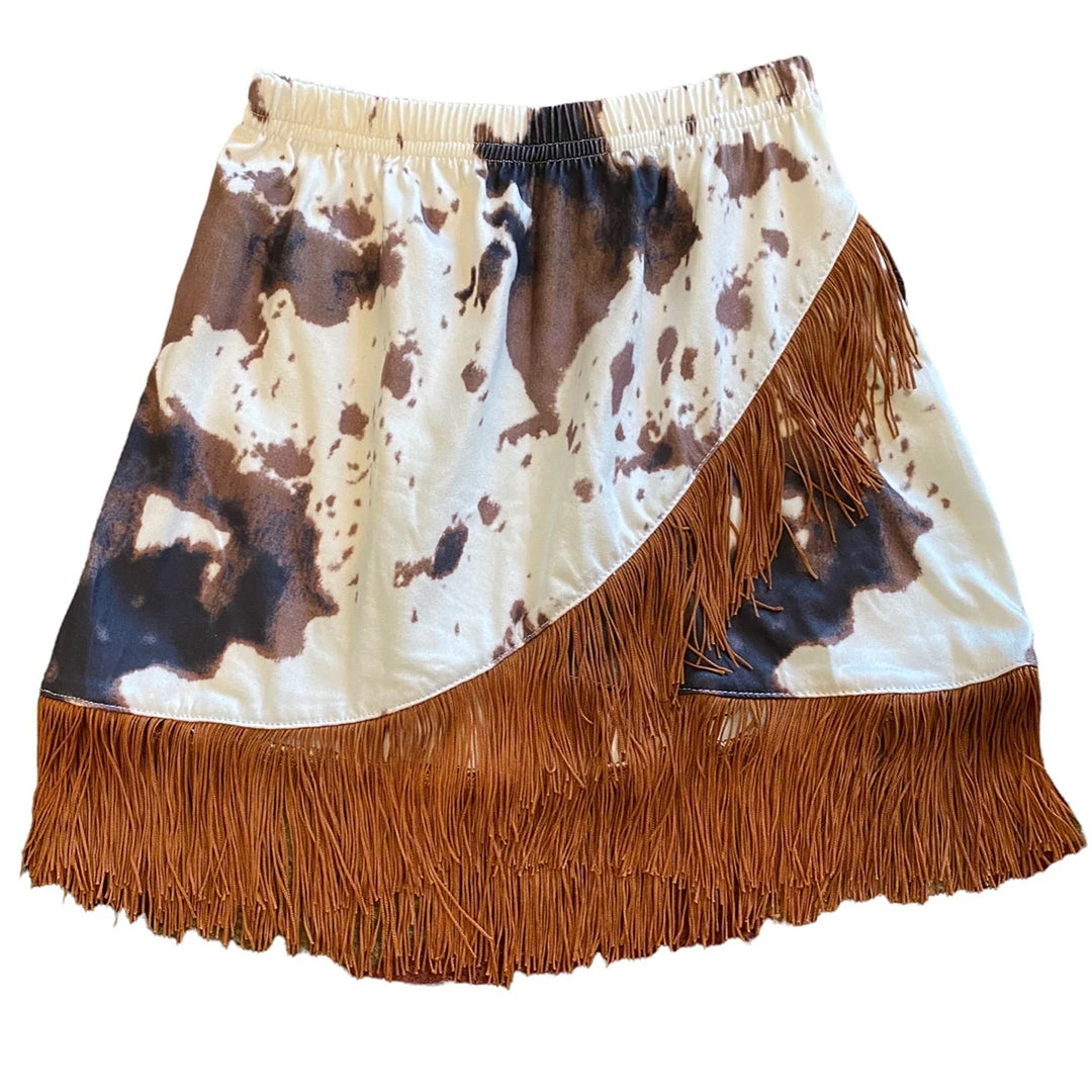 Shea Baby Toddler Girls' Brown Cowprint Fringe Skirt