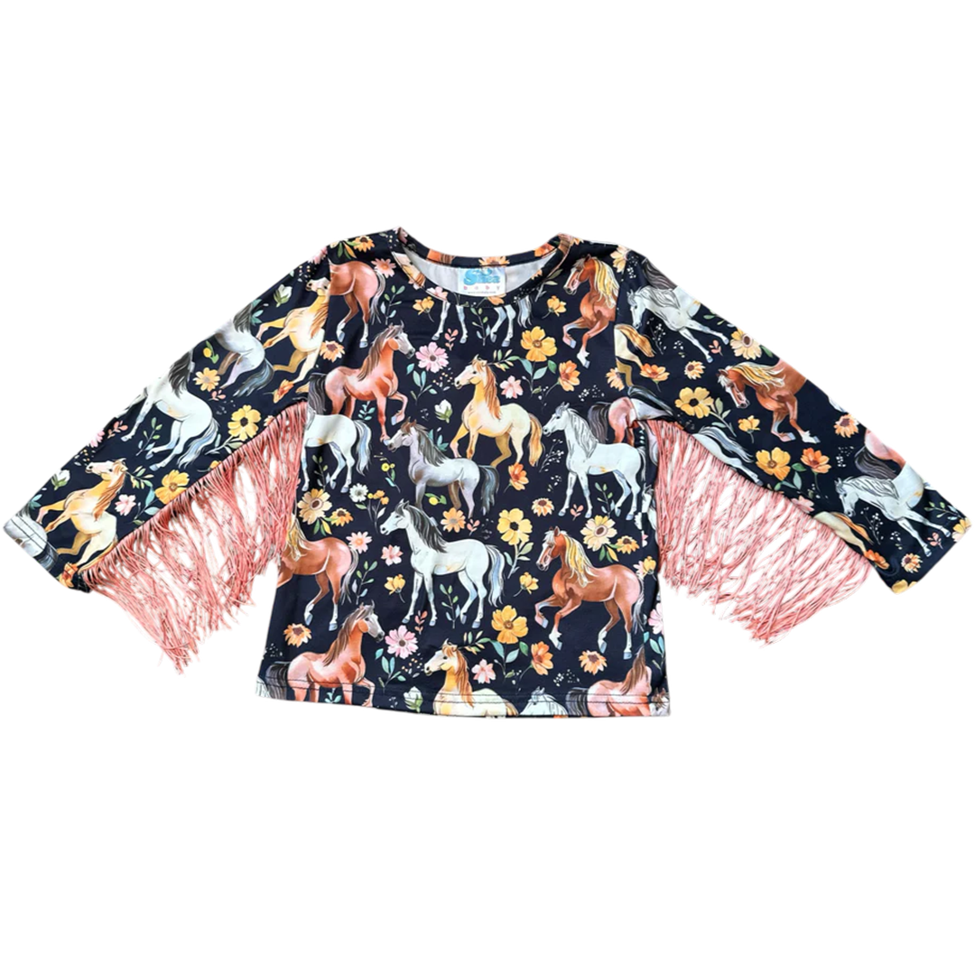 Shea Baby Toddler Girls' Horse Long Sleeve w/t Fringe Shirt