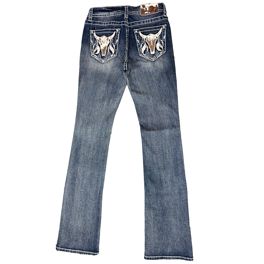 Grace in LA Women's Steer Embroidery Mid Rise Bootcut Jeans