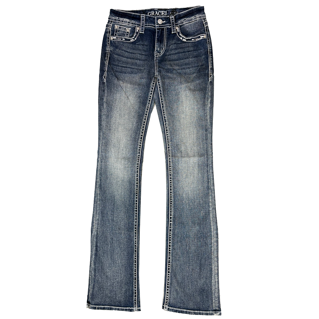Grace in LA Women's Steer Embroidery Mid Rise Bootcut Jeans