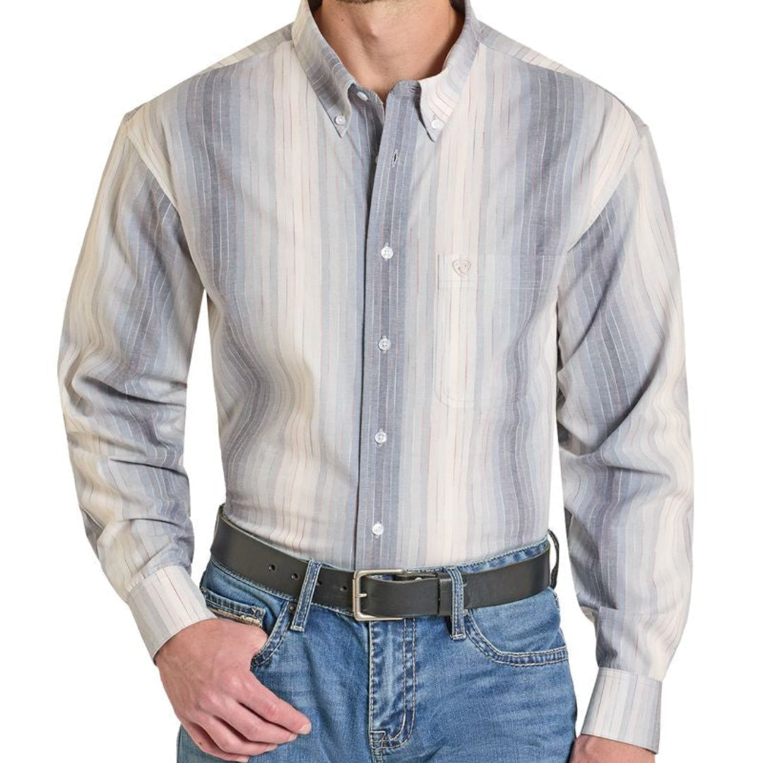 Rock & Roll Denim Men's Stripes Print Long Sleeve Button Shirt