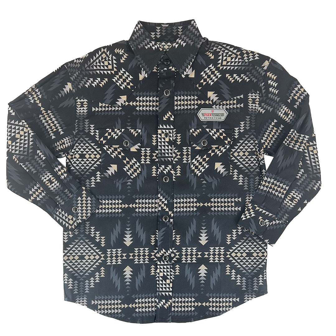 Chemise à boutons-pression manches longues Rock & Roll Denim pour garçons, motif aztèque