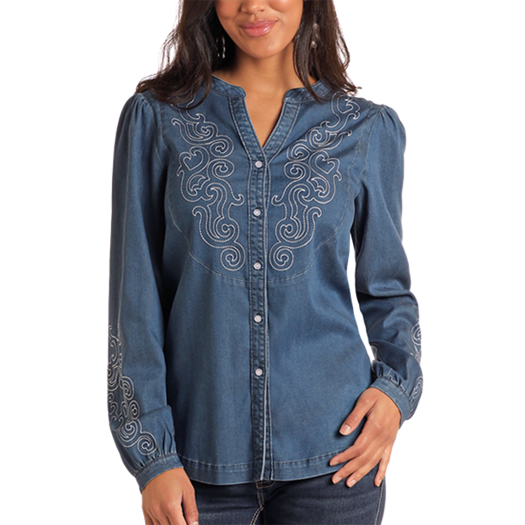 Panhandle Women's Embroidered Chambray Button-Up Blouse