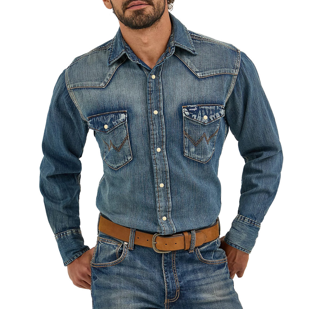 Wrangler Men's Denim Western Long Sleeve Work Shirt