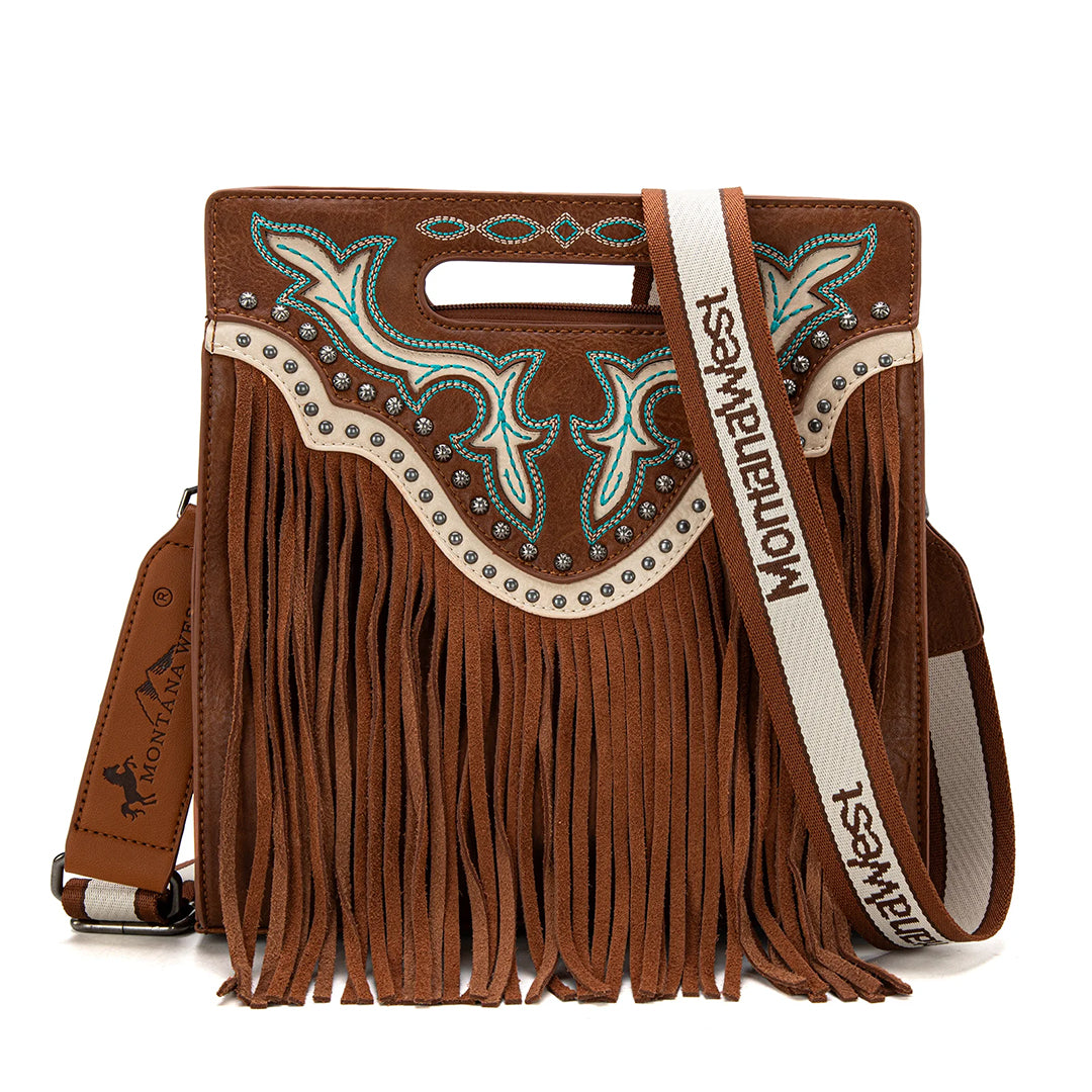 Montana West Fringe Embroidered Tote Crossbody Copper Brown