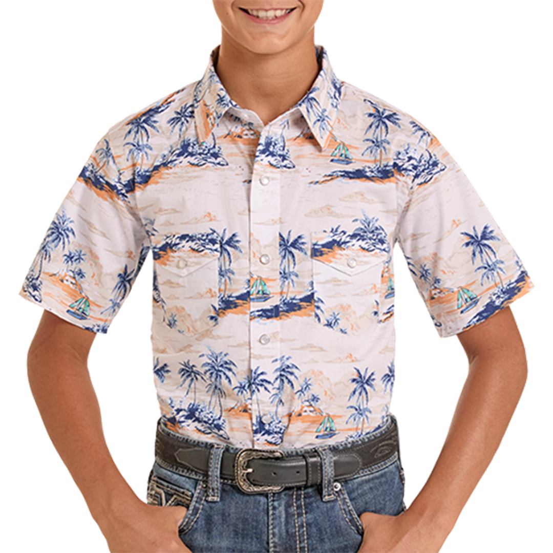 Panhandle Slim Boys' Tropical Palms Print Short Sleeve Snap Shirt