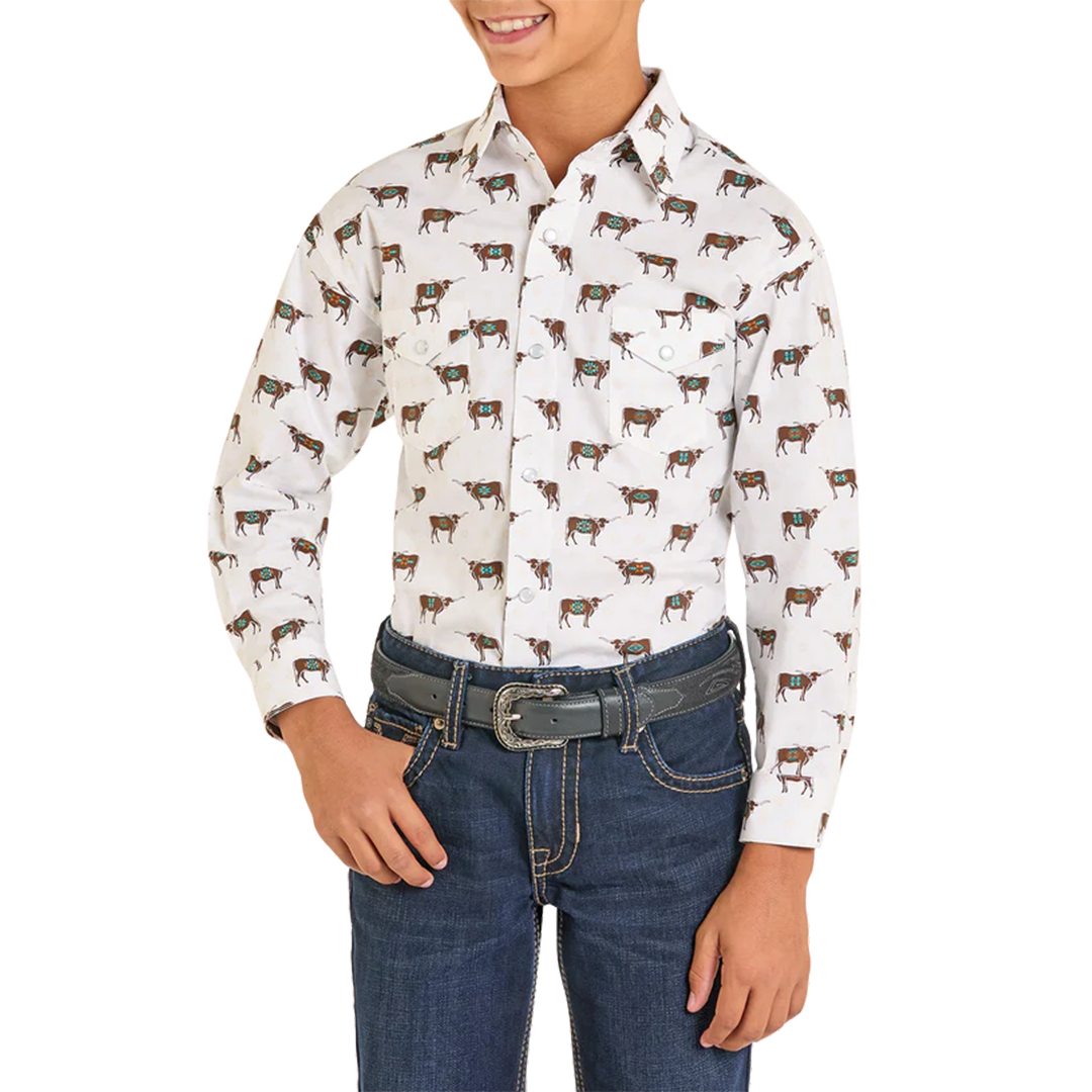 Rough Stock Boys' Novelty Steer Print Long Sleeve Snap Shirt