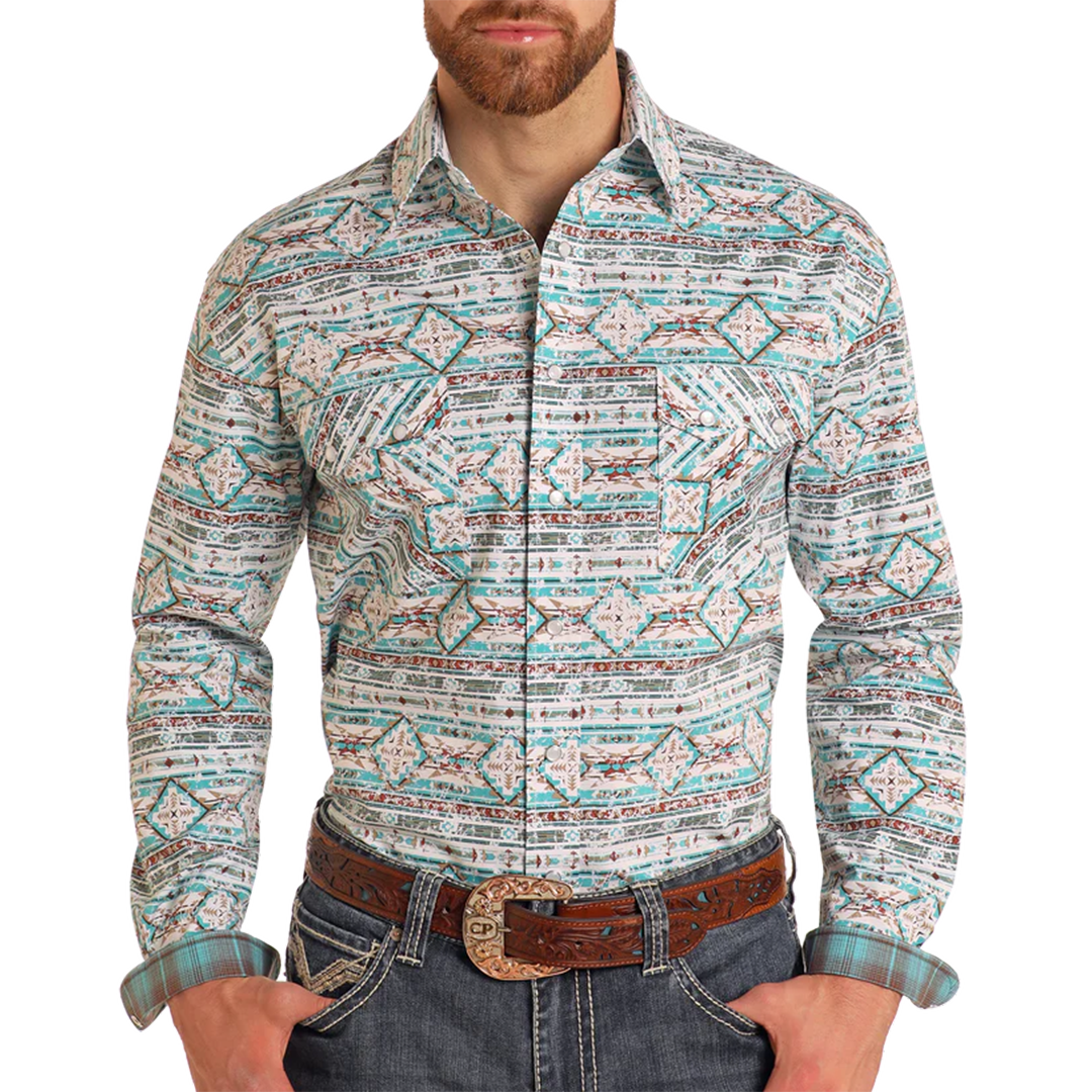 Rough Stock Men's Southwest Print Long Sleeve Snap Shirt
