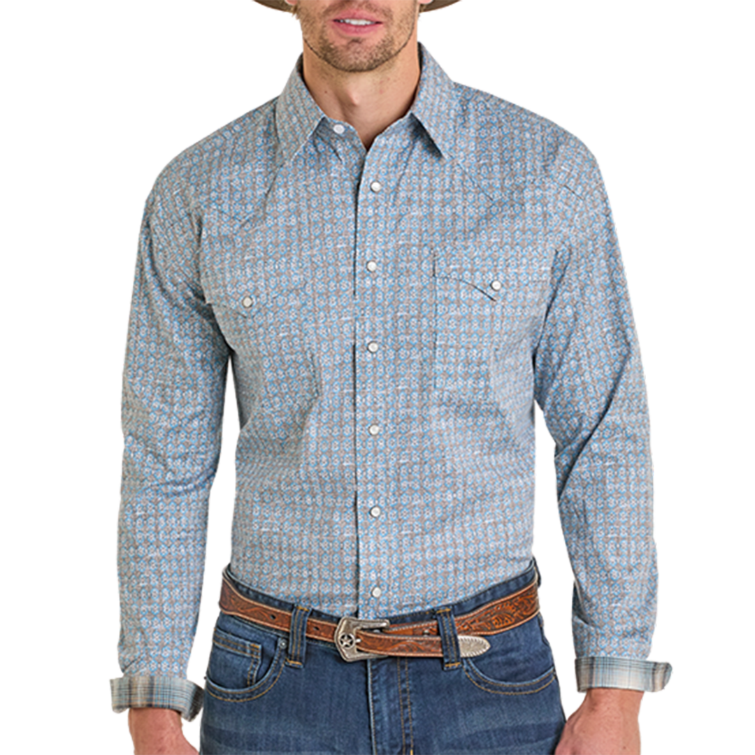 Rough Stock Men's Vintage Print Long Sleeve Snap Shirt