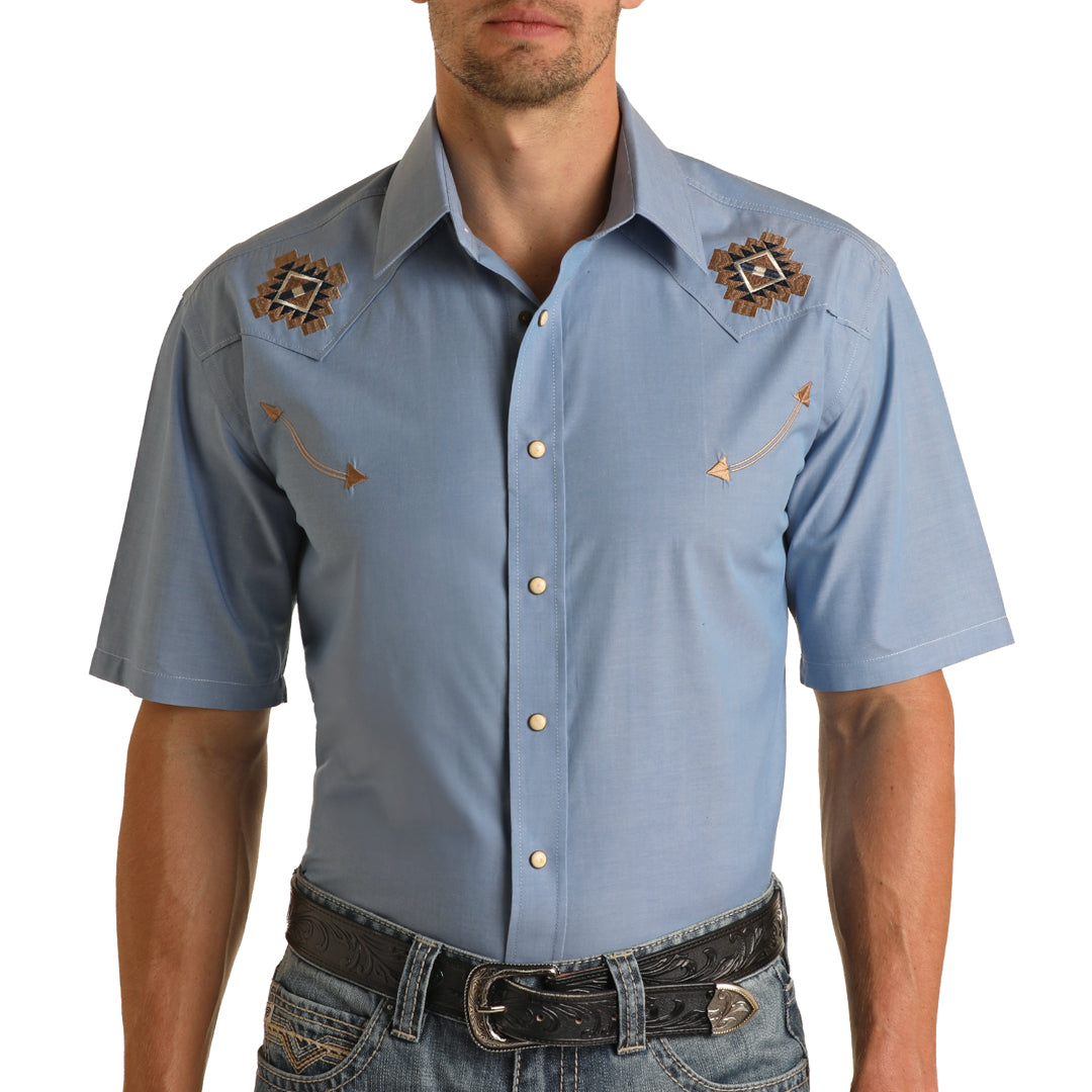 Panhandle Men's Aztec Embroidered Short Sleeve Snap Shirt In Blue