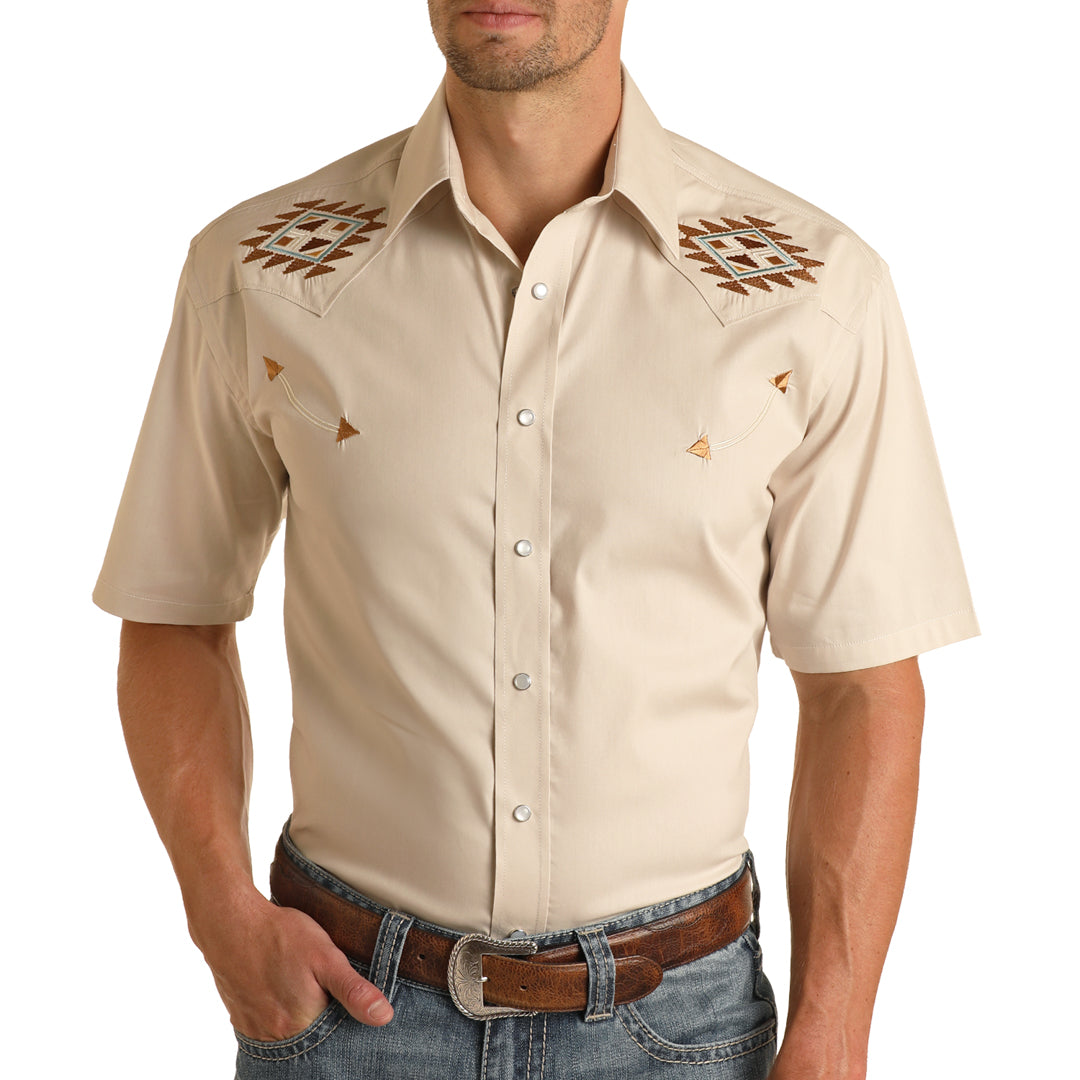 Panhandle Men's Aztec Embroidered Short Sleeve Snap Shirt In Beige