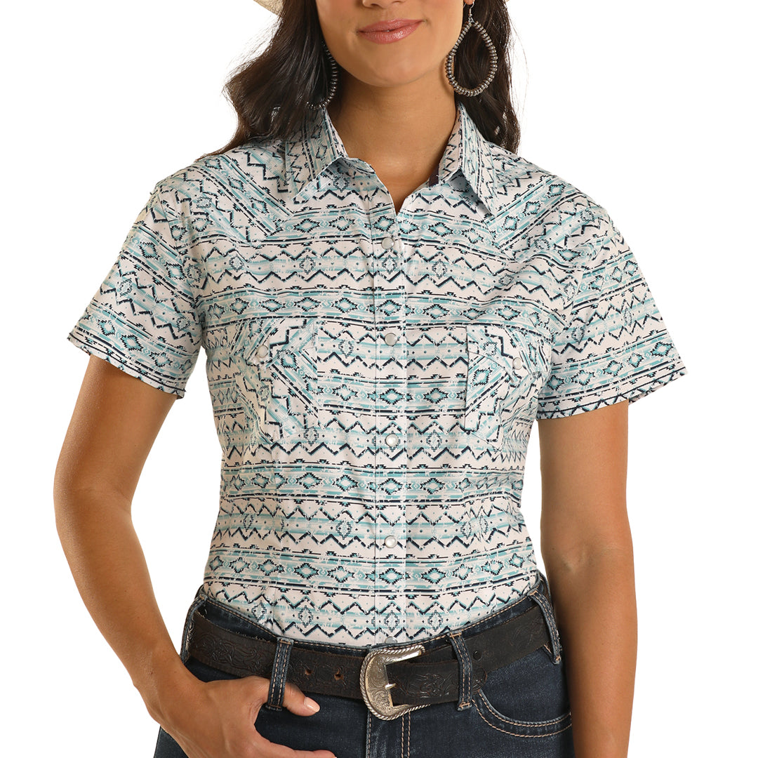 Rough Stock Women's Short Sleeve Aztec Print Snap Shirt