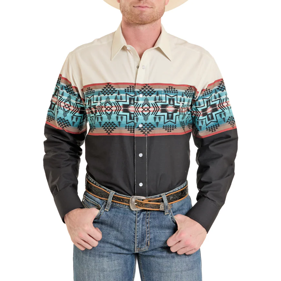 Panhandle Men's Border Print Long Sleeve Snap Shirt